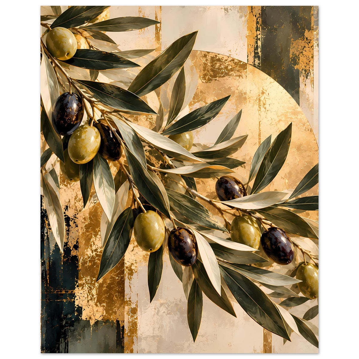 Botanisches Kunstposter mit diagonalen Olivenzweigen, goldenen Blättern und dunklen Oliven
