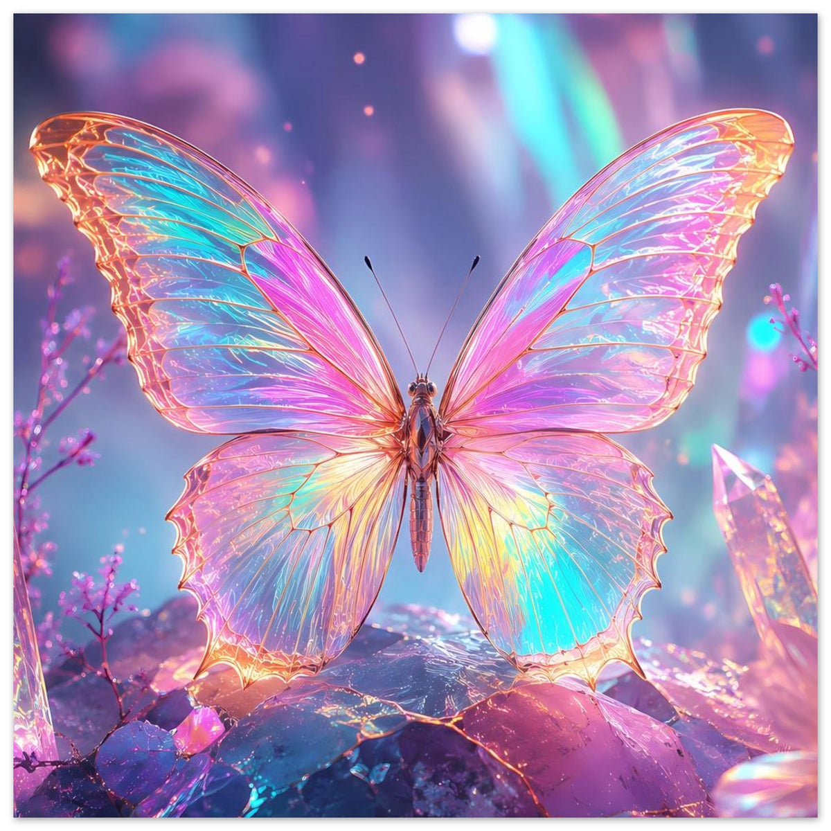 Fantasy-Poster mit Regenbogen-Schmetterling, schillernde Flügel und glitzernder Untergrund