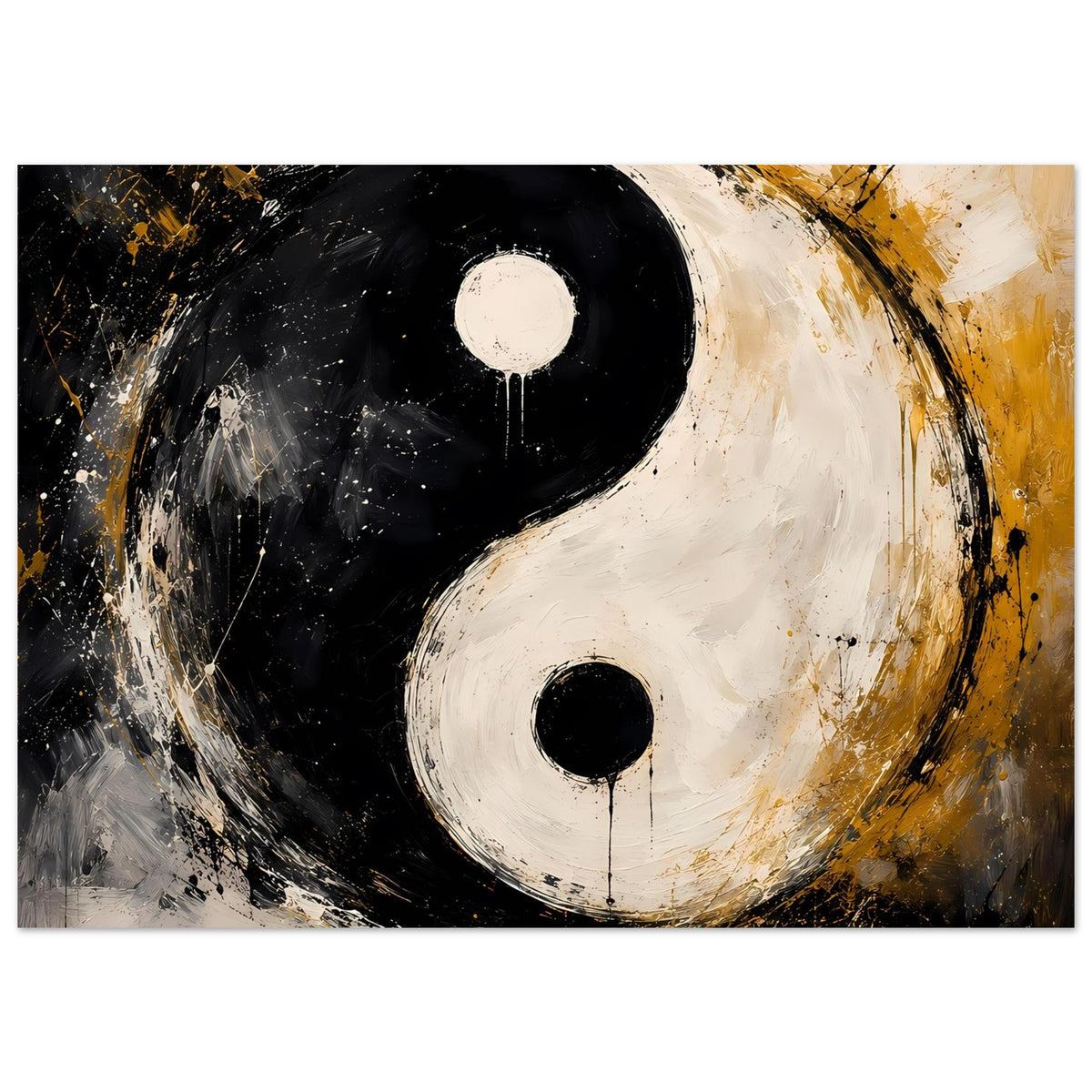 Abstraktes Yin-Yang-Poster im Querformat, Schwarz-Weiß mit goldenen Pinselspuren und Spritzern