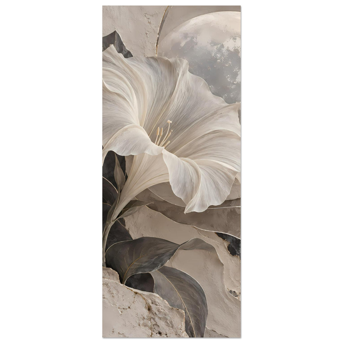 Hochformat-Kunstposter: Detailansicht mit weißen Lilienblüten, Mond und abstrakten Flächen