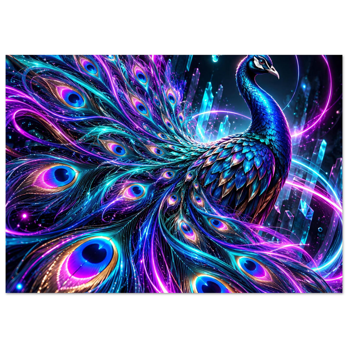 Pfauenposter im Neonstil: blauer Pfau, leuchtender Federfächer und bunte Lichter
