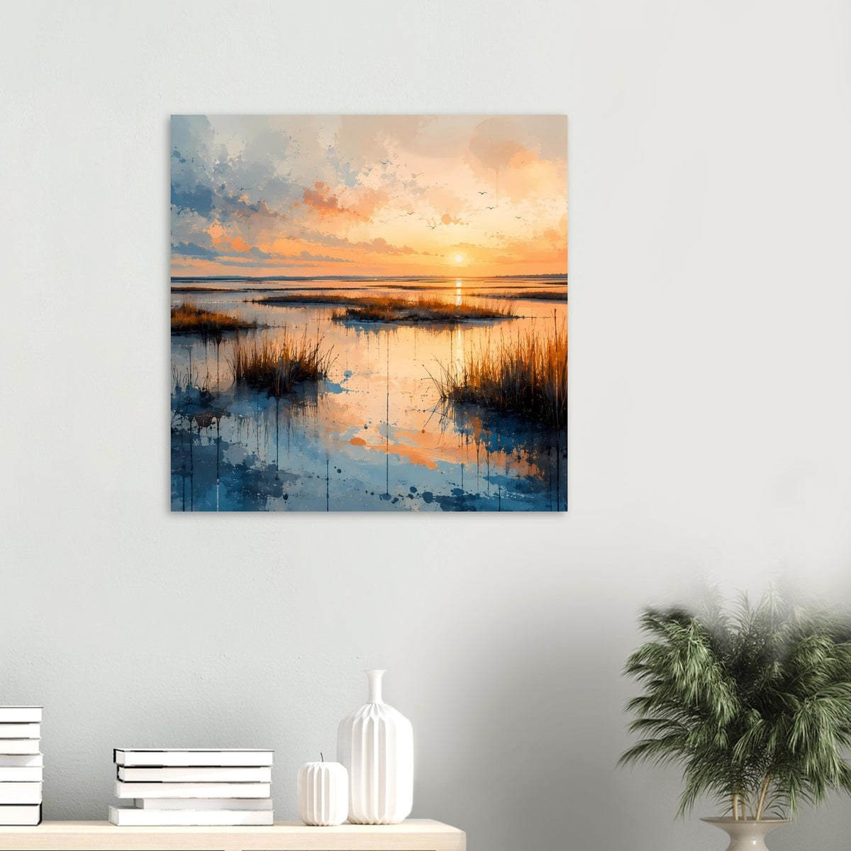 Quadratisches Poster mit Sonnenuntergang über Küste, warmes Orange und kühles Blau