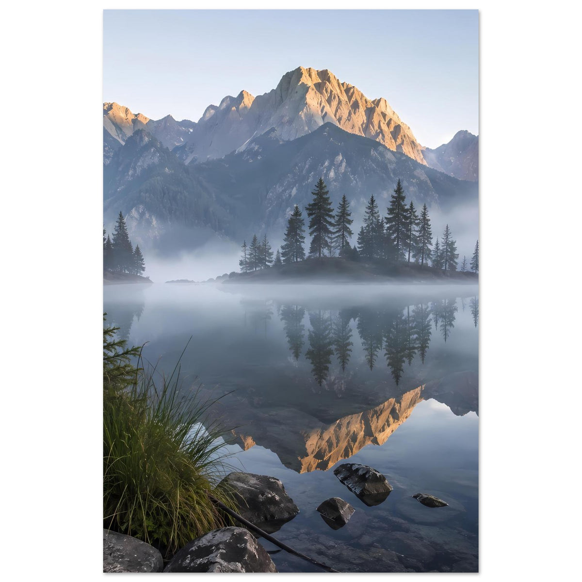 Poster im Hochformat: Bergsee mit Gipfelspiegelung, Fichtenwald im Morgennebel.