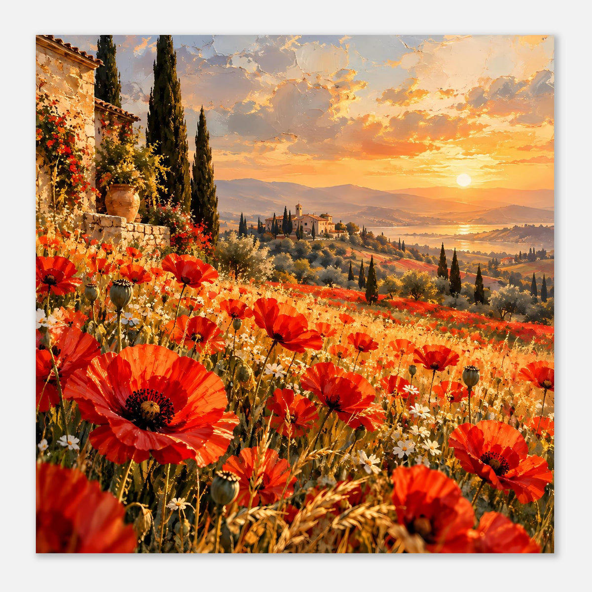 Nahansicht-Poster: rote Mohnblüten im Vordergrund bei goldenem Sonnenuntergang