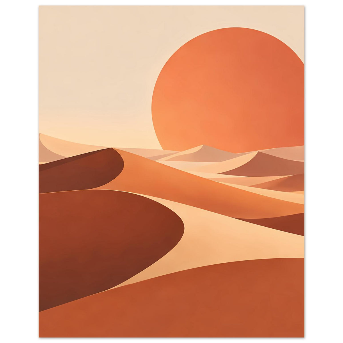 Abstraktes Wüstenposter im Hochformat: große orangefarbene Sonne über stilisierten Dünen