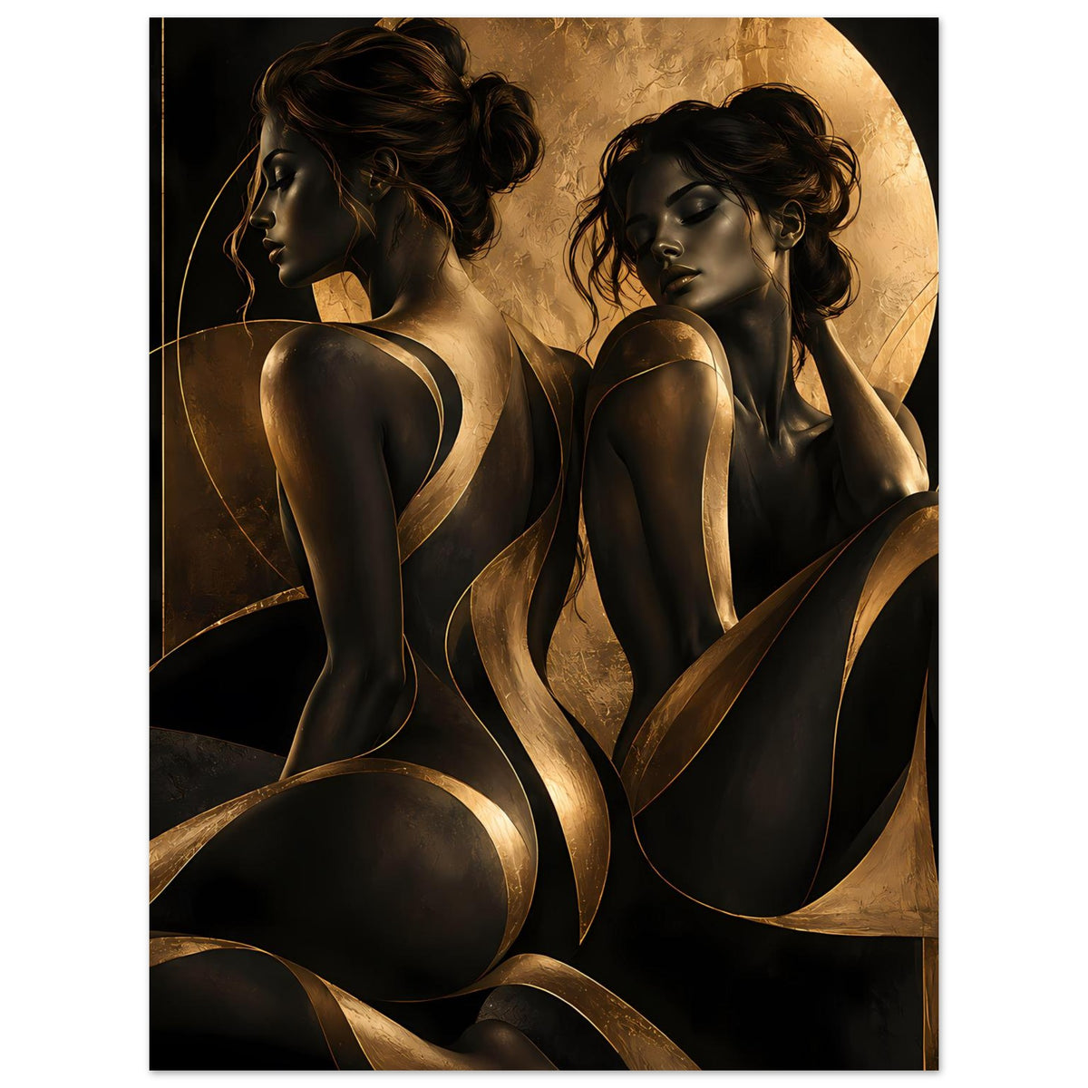 Kunstposter mit zwei Frauen-Silhouetten in Schwarz und Gold, blick nach links und rechts