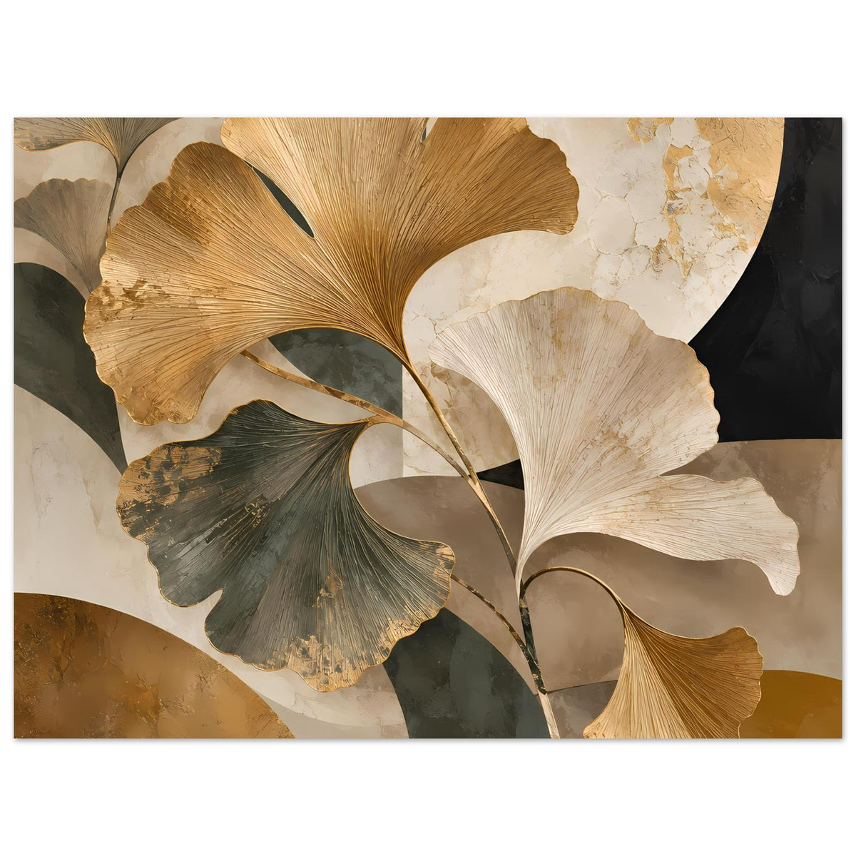 Botanisches Poster: Ginkgo-Blätter, cremefarbene und goldene Blattflächen mit Adern