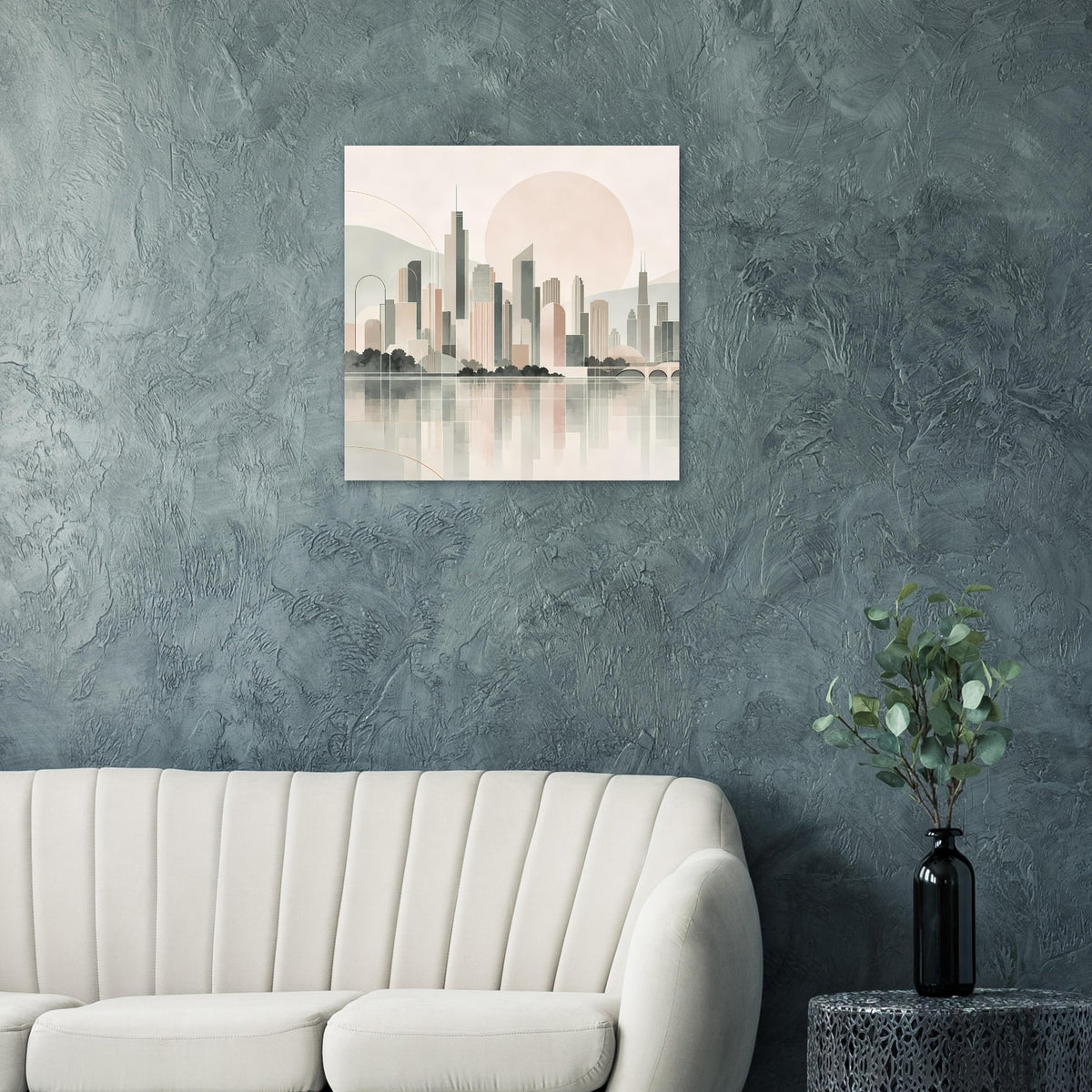 Quadratisches Stadtposter: minimalistische Skyline in Pastell, großer Kreis und Spiegelung