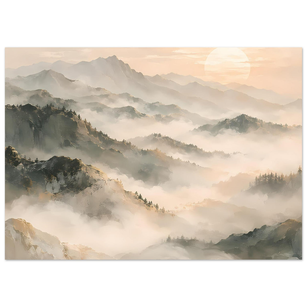 Horizontales Poster mit nebligen Bergen und warmen Farbtönen am Morgenhimmel