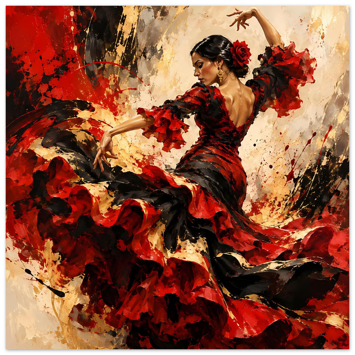 Poster mit Flamenco-Tänzerin im roten und schwarzen Kleid, Arm über dem Kopf, dynamisch