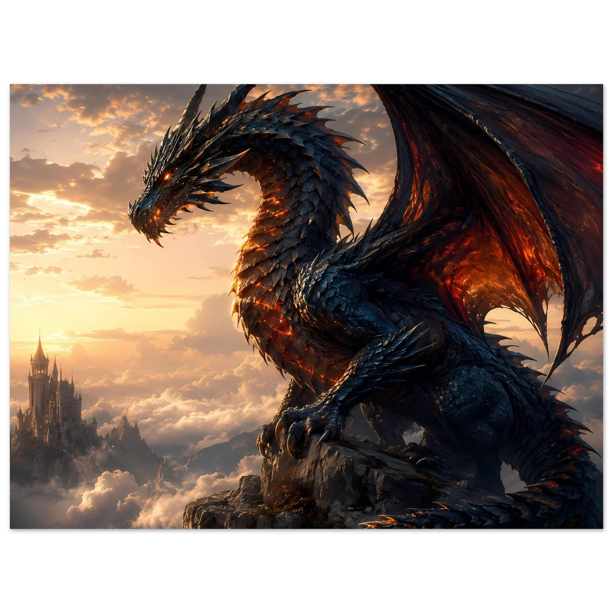 Drachenfantasy-Poster: blauer Drache mit Flügeln und leuchtendem Auge im Sonnenuntergang