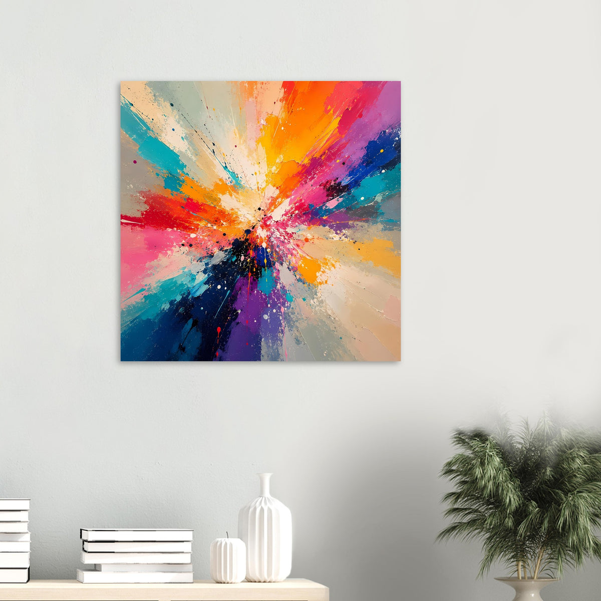 Quadratischer Kunstdruck mit farbigem Farbexplosions-Motiv in Orange, Pink und Blau.