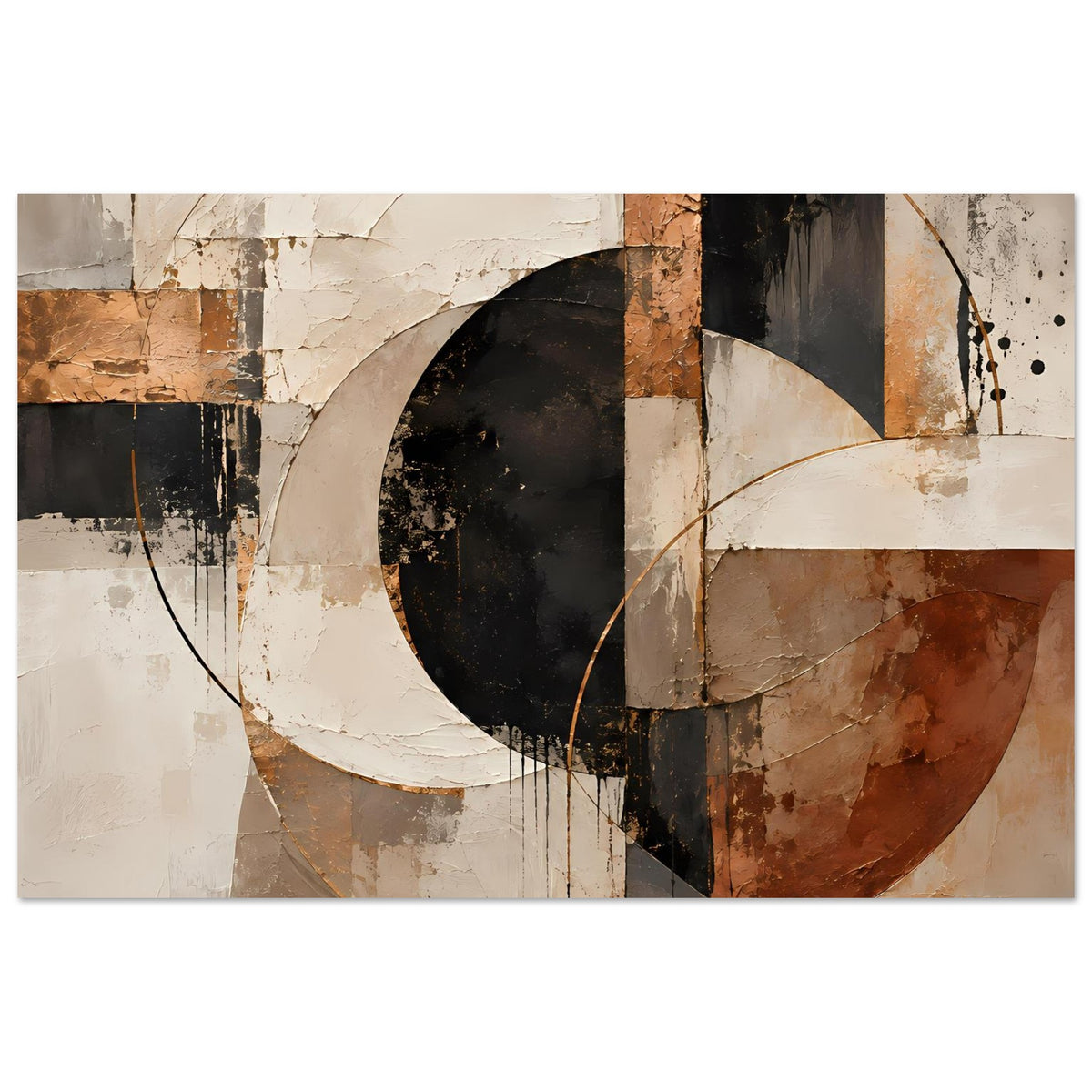 Horizontales Poster mit geometrischen Kreissegmenten in schwarz, creme, braun und ocker