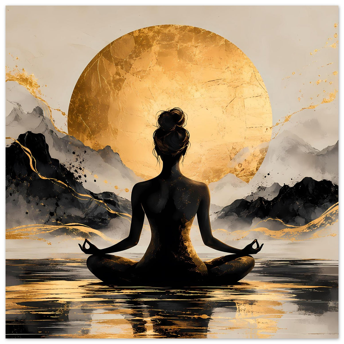 Poster im Hochformat: schwarze Meditationsfigur vor goldener Sonnenscheibe und Bergkulisse