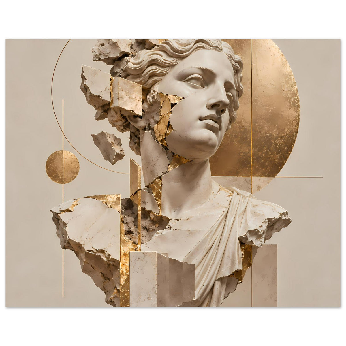 Kunstposter mit klassischer Skulptur: weißer Kopf, Goldlinien und goldene Akzente