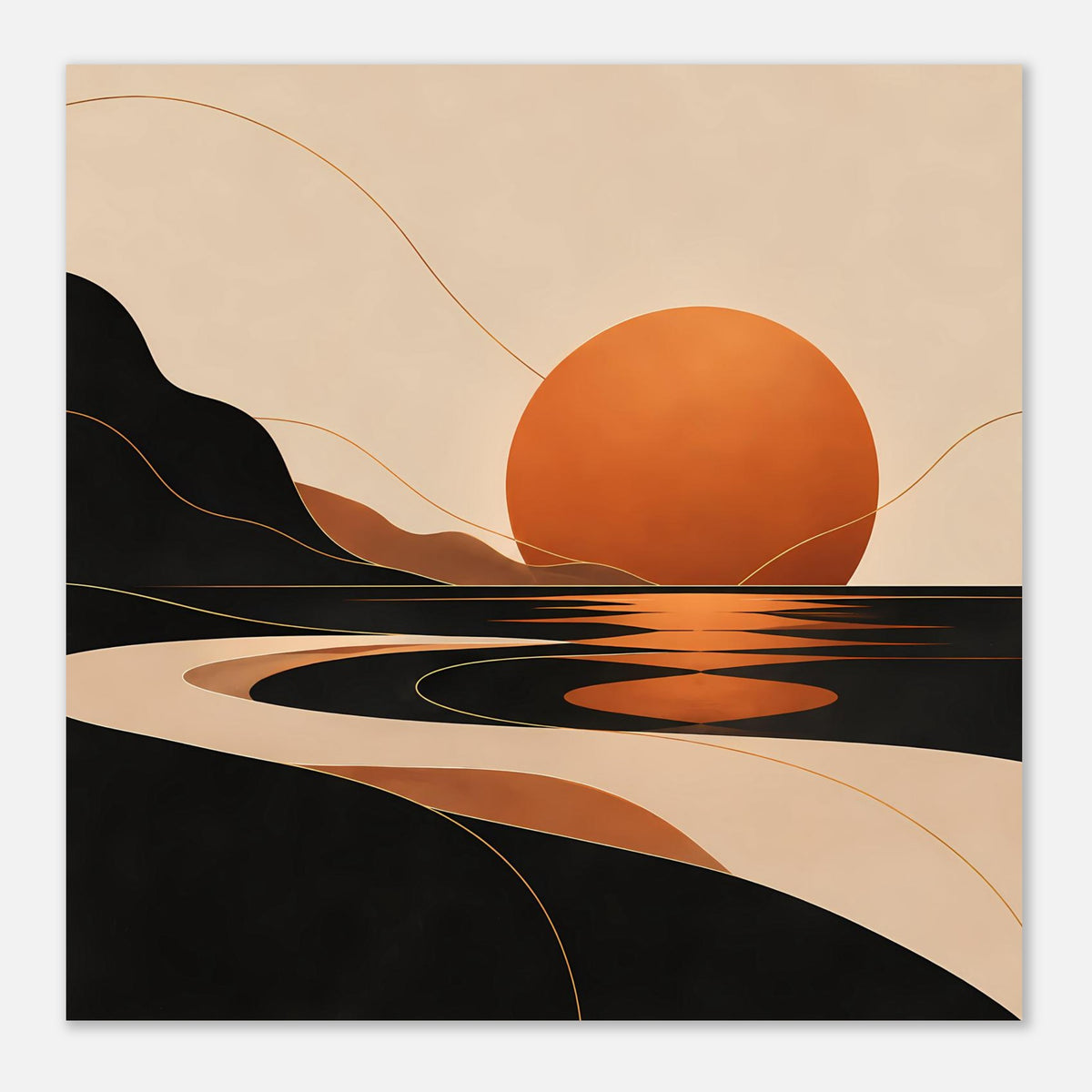 Horizontales Poster mit orangefarbener Sonne, schwarzen Formflächen und feinen goldenen Linien