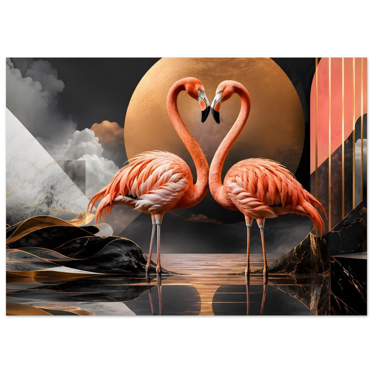 Poster mit zwei Flamingos, Herz zwischen den Hälsen, goldener Kreis und orange Streifen