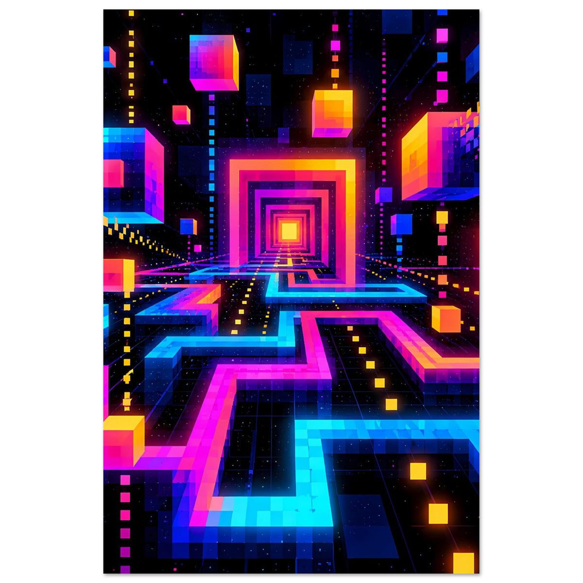 Neon-Sci‑Fi-Poster mit geometrischem Labyrinth und zentralem Portal in bunten 3D-Linien