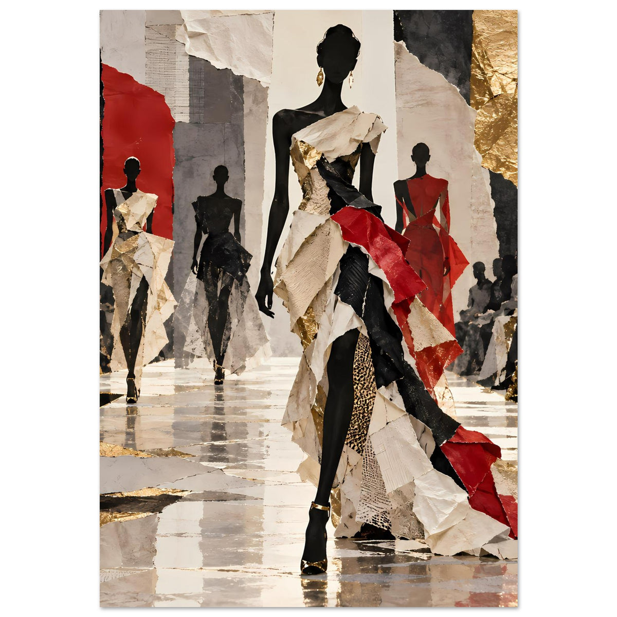 Fashion-Runway-Poster mit mehreren Laufstegfiguren, rotem Akzent und goldener Fläche