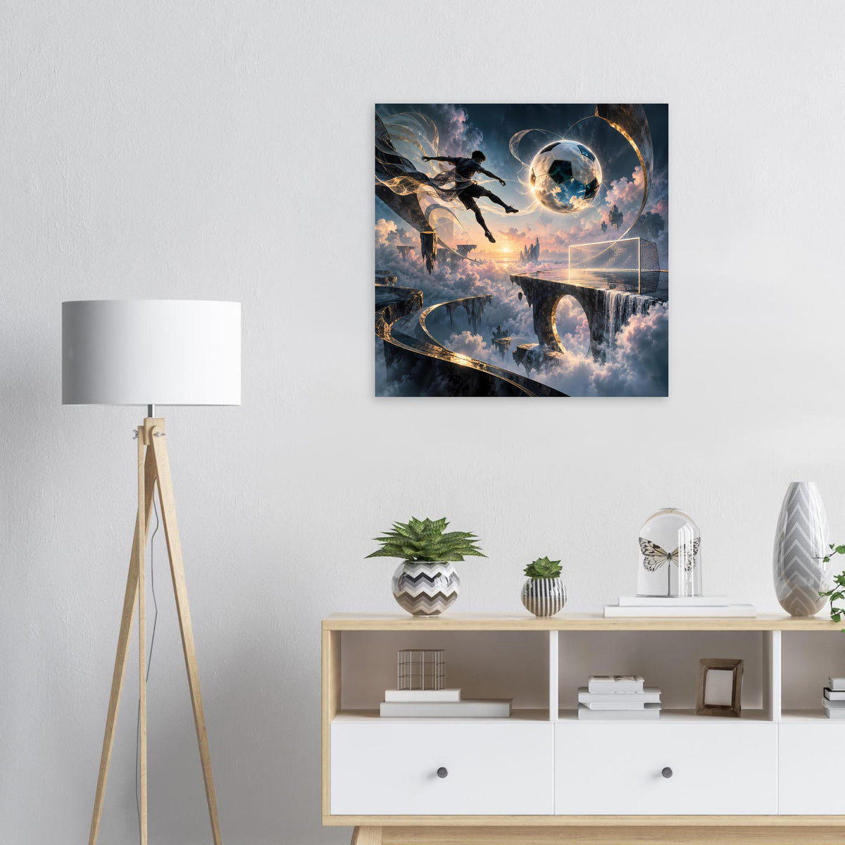 Poster mit Fußballspieler, Planet und futuristischen Mustern in Blau und Gold