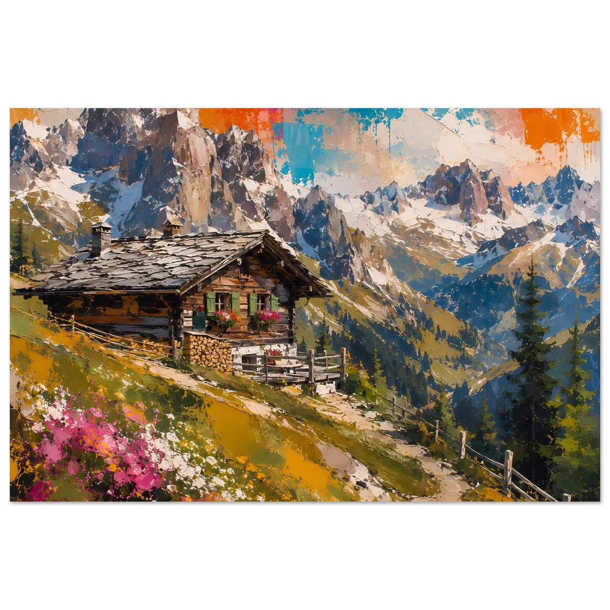 Poster im Querformat mit Alpenhütte, Berggipfeln, Zaun und farbenfrohem abstraktem Himmel