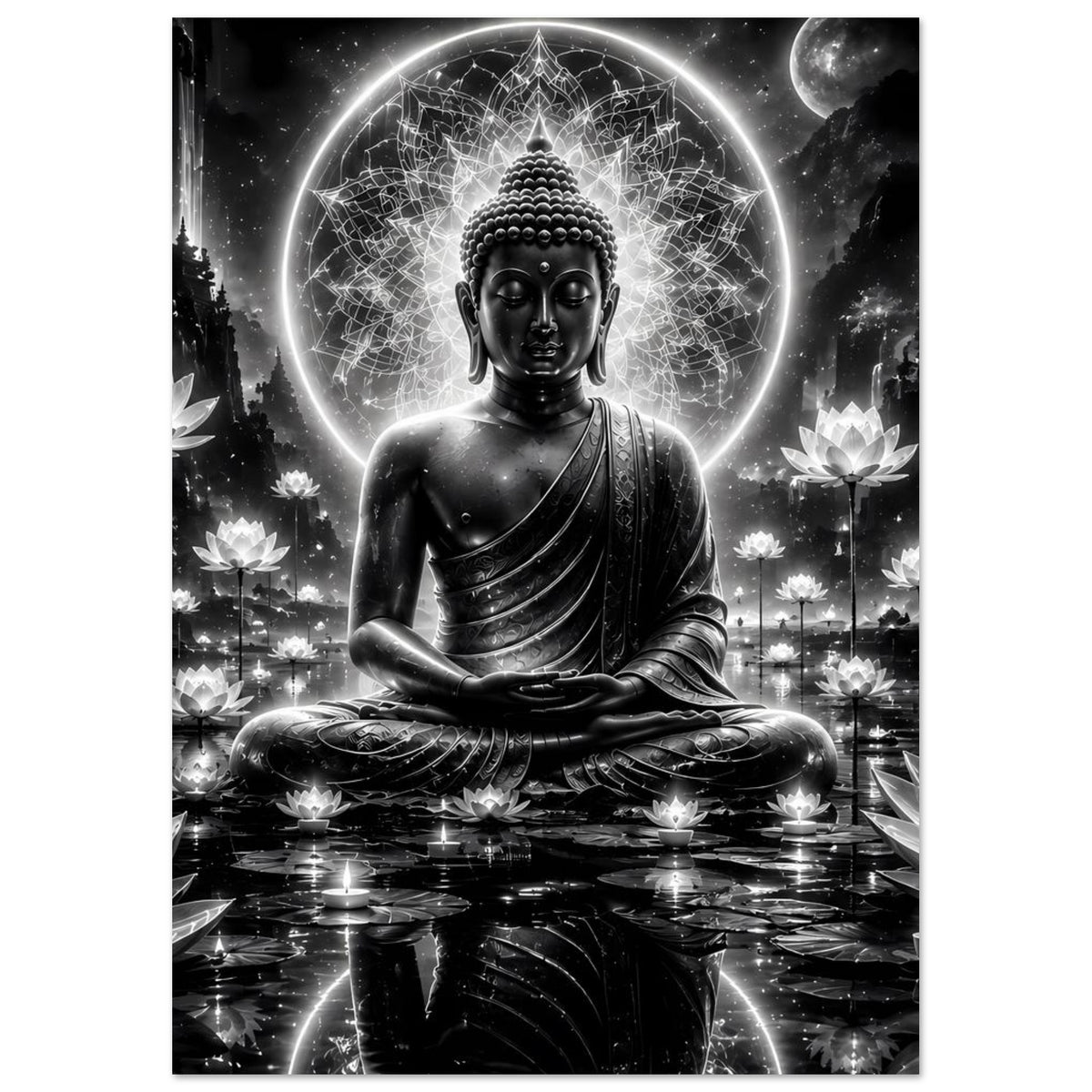 Buddha-Poster im Meditationssitz, schwarzweiß, Hochformat mit Aura-Ring und Lotus-Details
