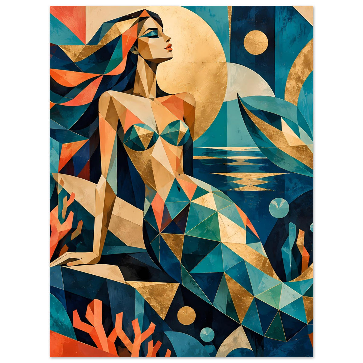 Geometrisches Meerjungfrauen-Kunstposter in Türkis und Korall, vertikal mit Goldtönen
