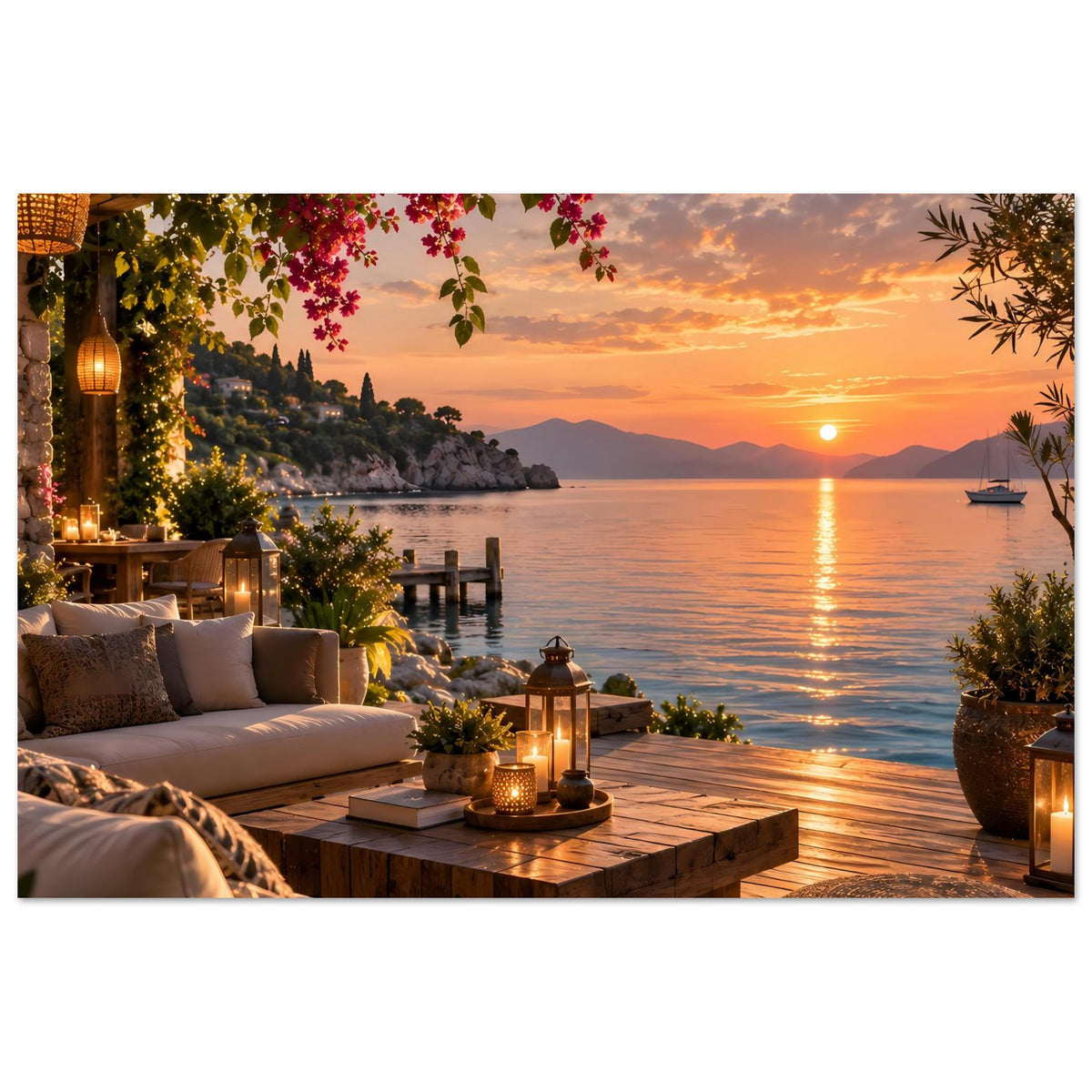 Horizontales Poster einer Küstenterrasse: Sofa, Holzbank, Laternen und Bougainvillea am Sonnenuntergang