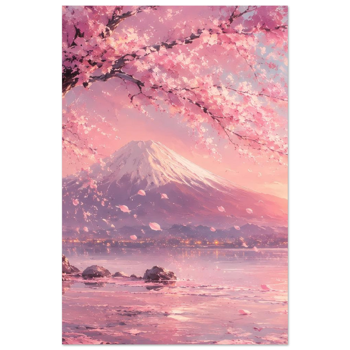 Hochkant-Poster mit Kirschblüten über dem Berg Fuji und rosafarbenem See