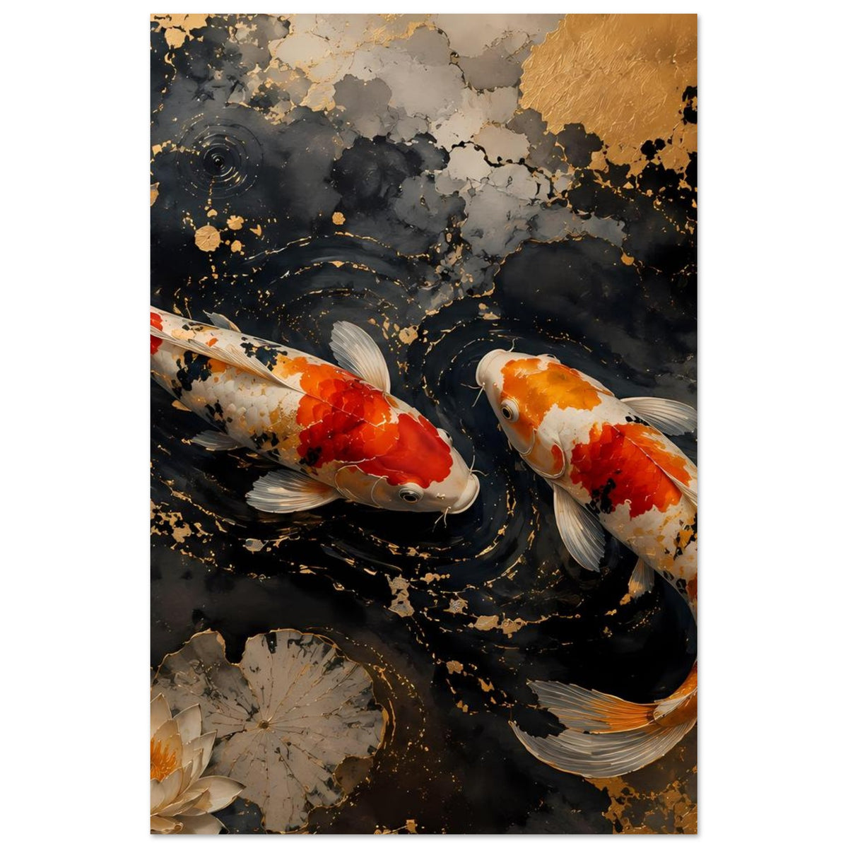 Poster im Hochformat: zwei Koi-Fische im schwarzen Wasser mit goldenen Akzenten