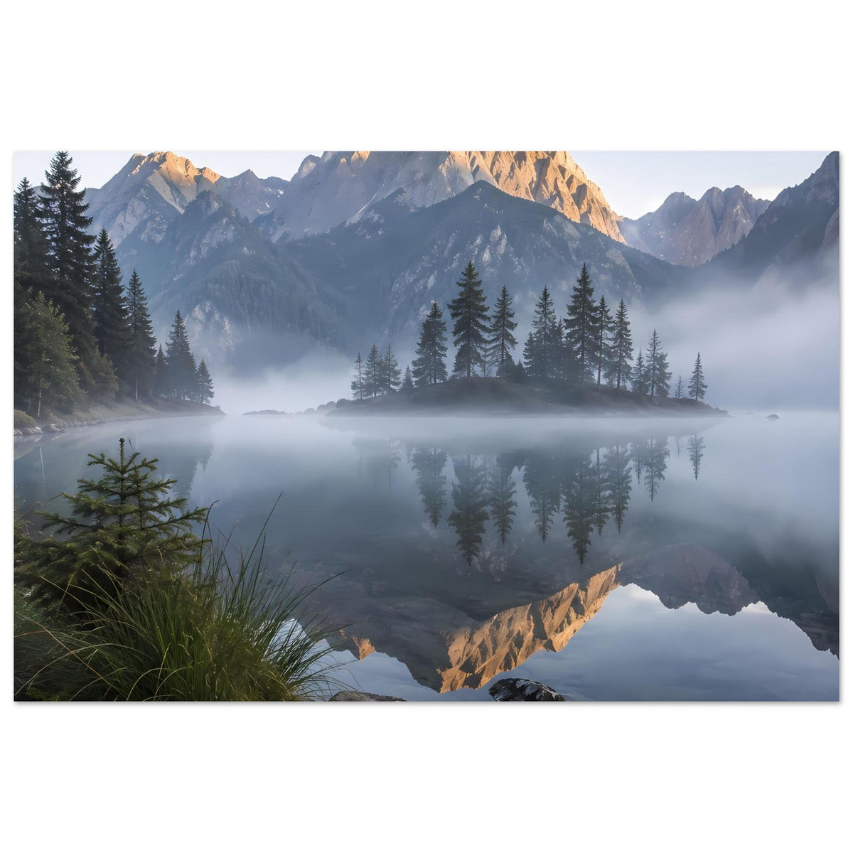 Landschaftsposter mit Bergsee, Fichtenwald und spiegelnder Bergkette im Morgennebel
