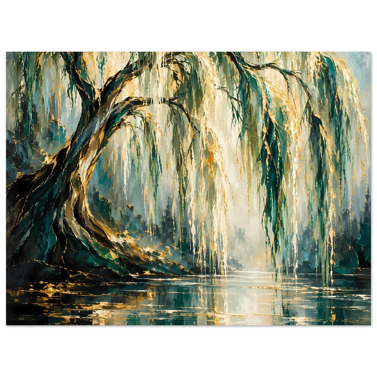 Poster im Querformat mit weinendem Baum, Grüntöne, goldene Glanzlichter im Wasser