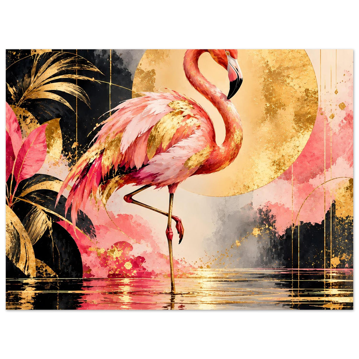 Luxus-Tierposter: naher Flamingo in Rosa mit goldener Sonne und Wasserreflexion im Querformat