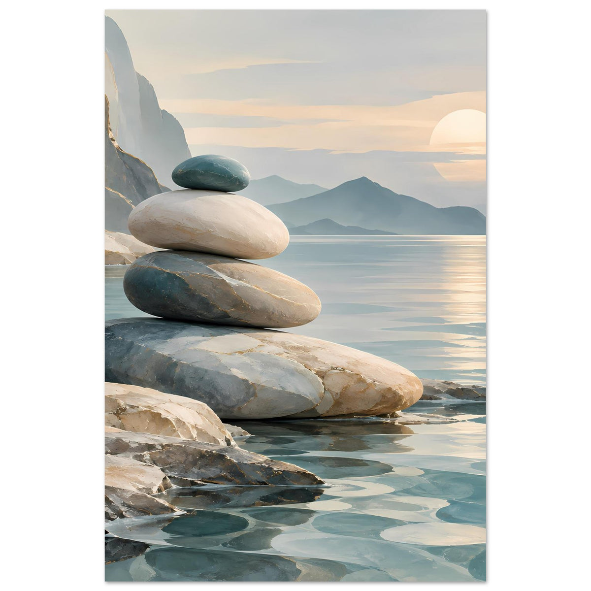 Poster mit Stapel aus Steinen am ruhigen Meer, pastellige Blau- und Beigetöne