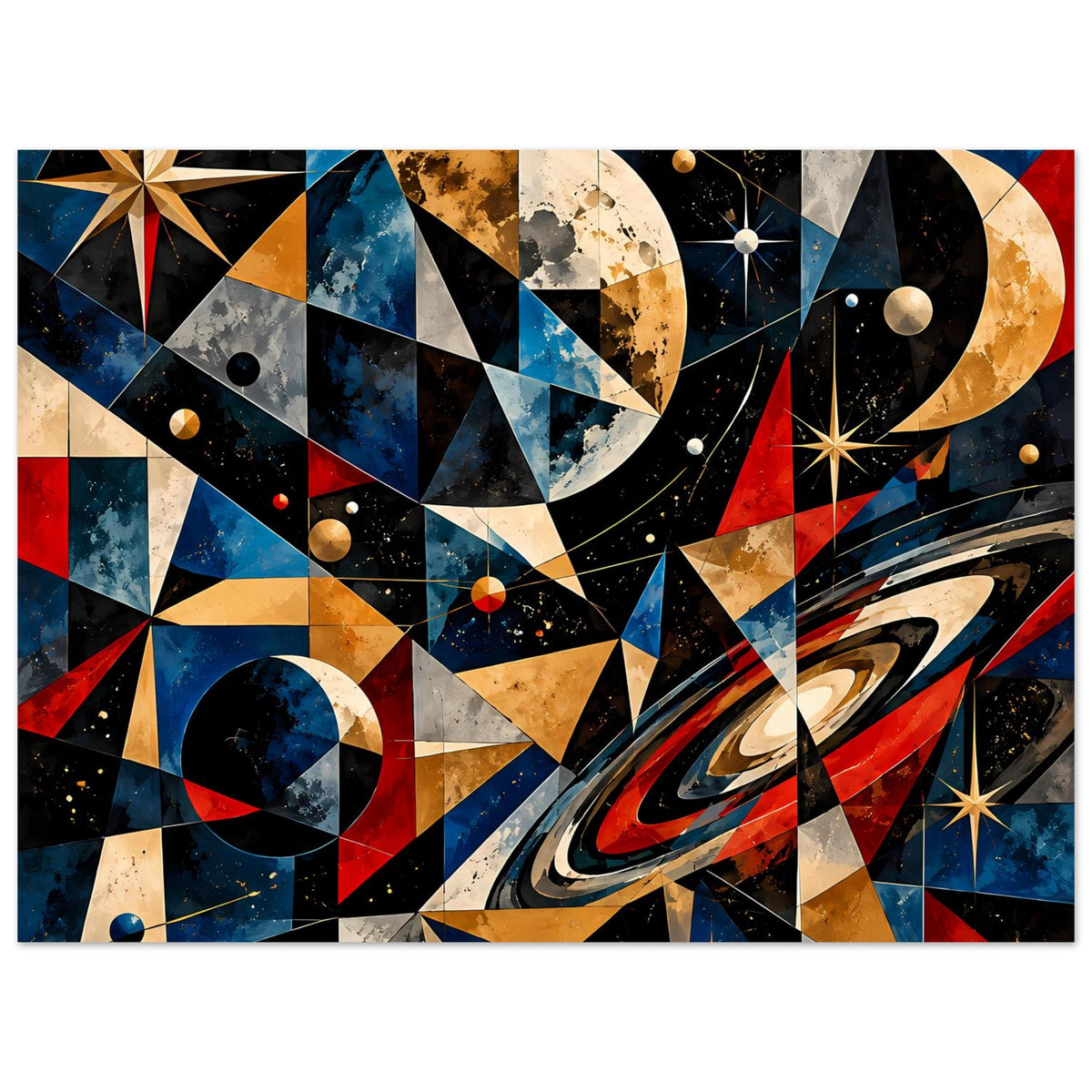 Wandposter (nah): abstrakte Raumgeometrie mit Planeten, Sternen und goldenen Akzenten in Rot/Blau.