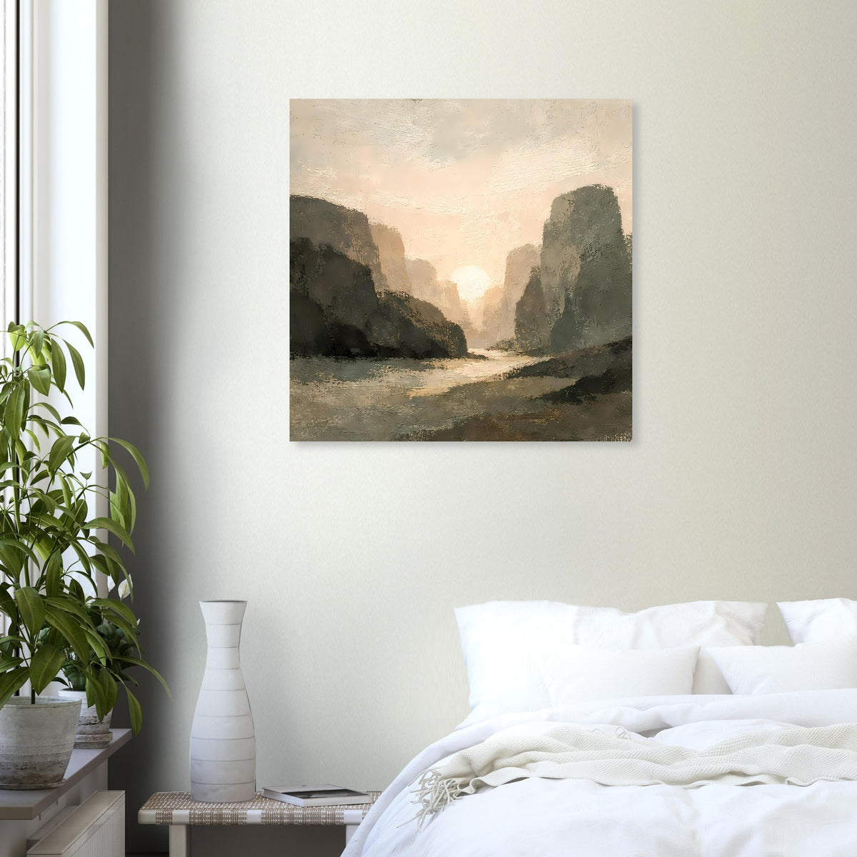 Wandposter mit Landschaft: schmale Felsschlucht, ruhiger Fluss und Sonnenuntergang.