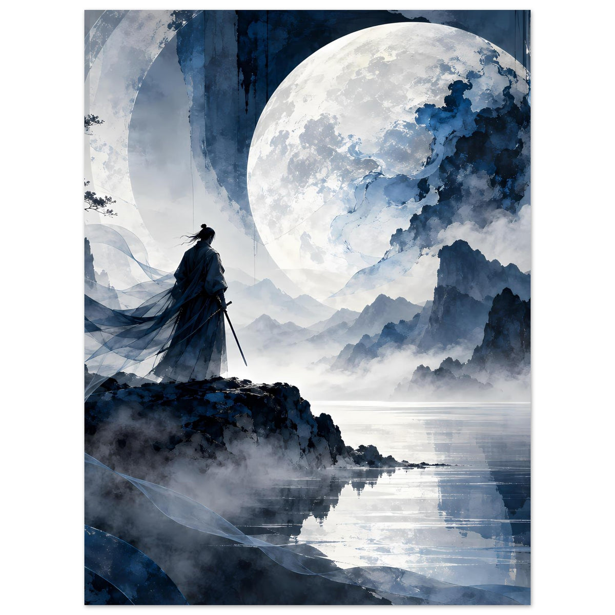 Vertikales Poster: Mond über Bergnebel, Reflexion im Wasser, Samurai steht auf Klippe.