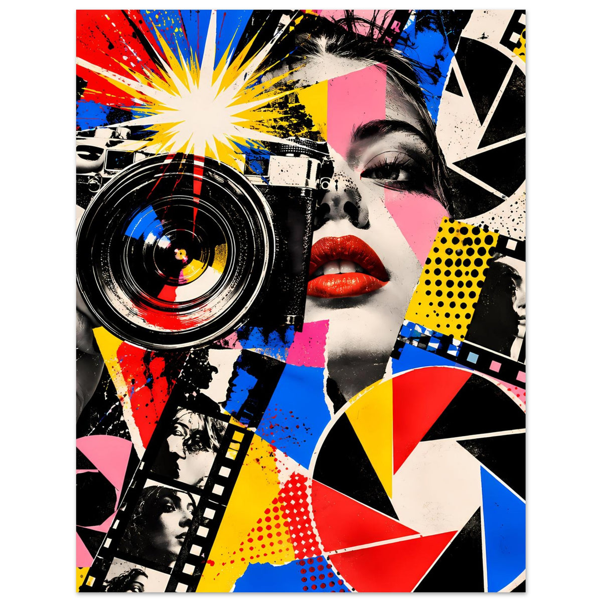 Pop-Art-Fotoposter: Frauengesicht mit rotem Lippenstift, Kameraobjektiv im Detail