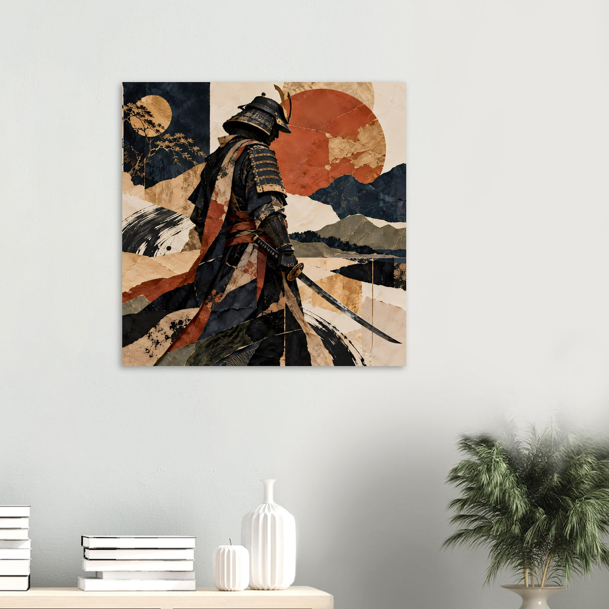 Kleines Samurai-Silhouette-Poster mit Helm und Schwert, Erdtöne aus Rot, Blau und Beige