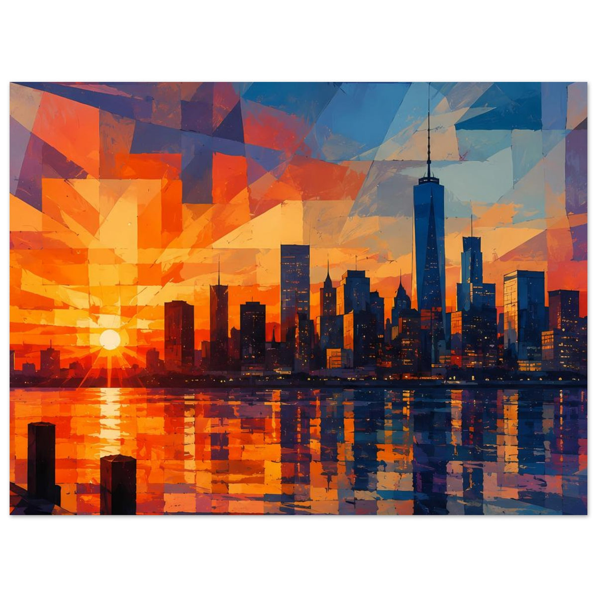 Poster mit City-Skyline bei Sonnenuntergang, kräftige Orange-Blau-Töne, geometrische Struktur