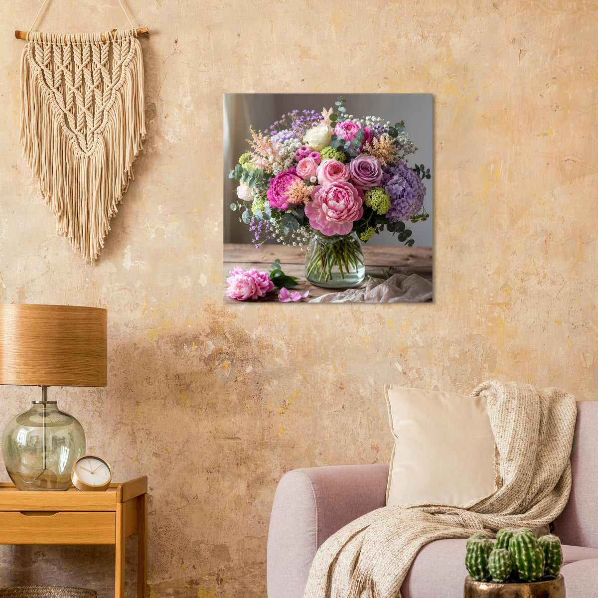 Florales Blumenposter mit buntem Blumenstrauß in Vase, Pastelltöne in Rosa und Lila