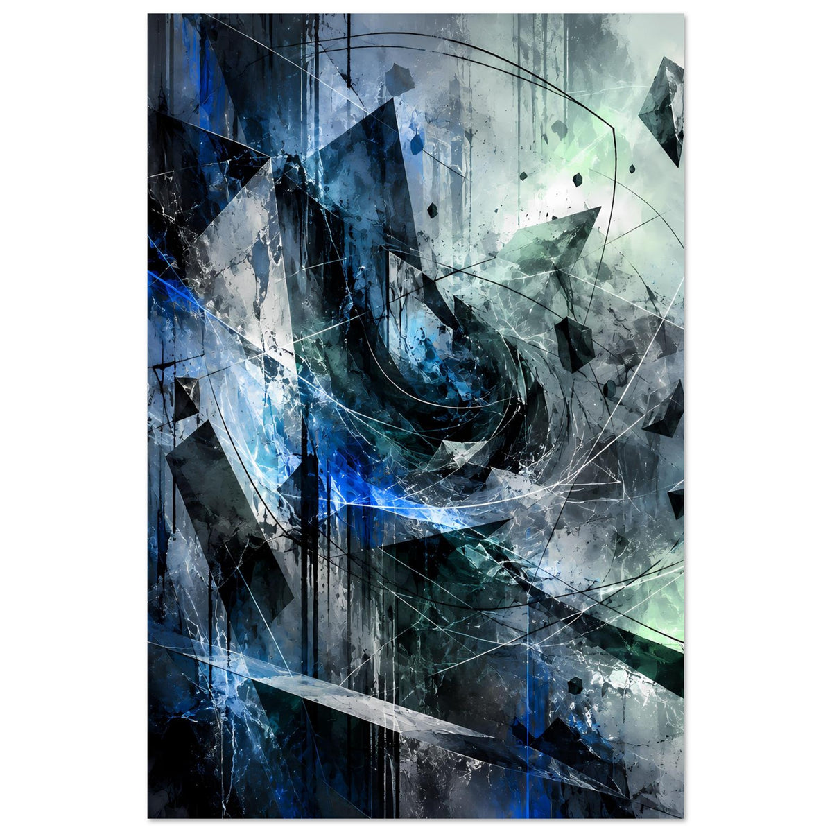Abstraktes Kunstposter mit blau-grünen Farbflächen, Kreisen und geometrischen Fragmenten