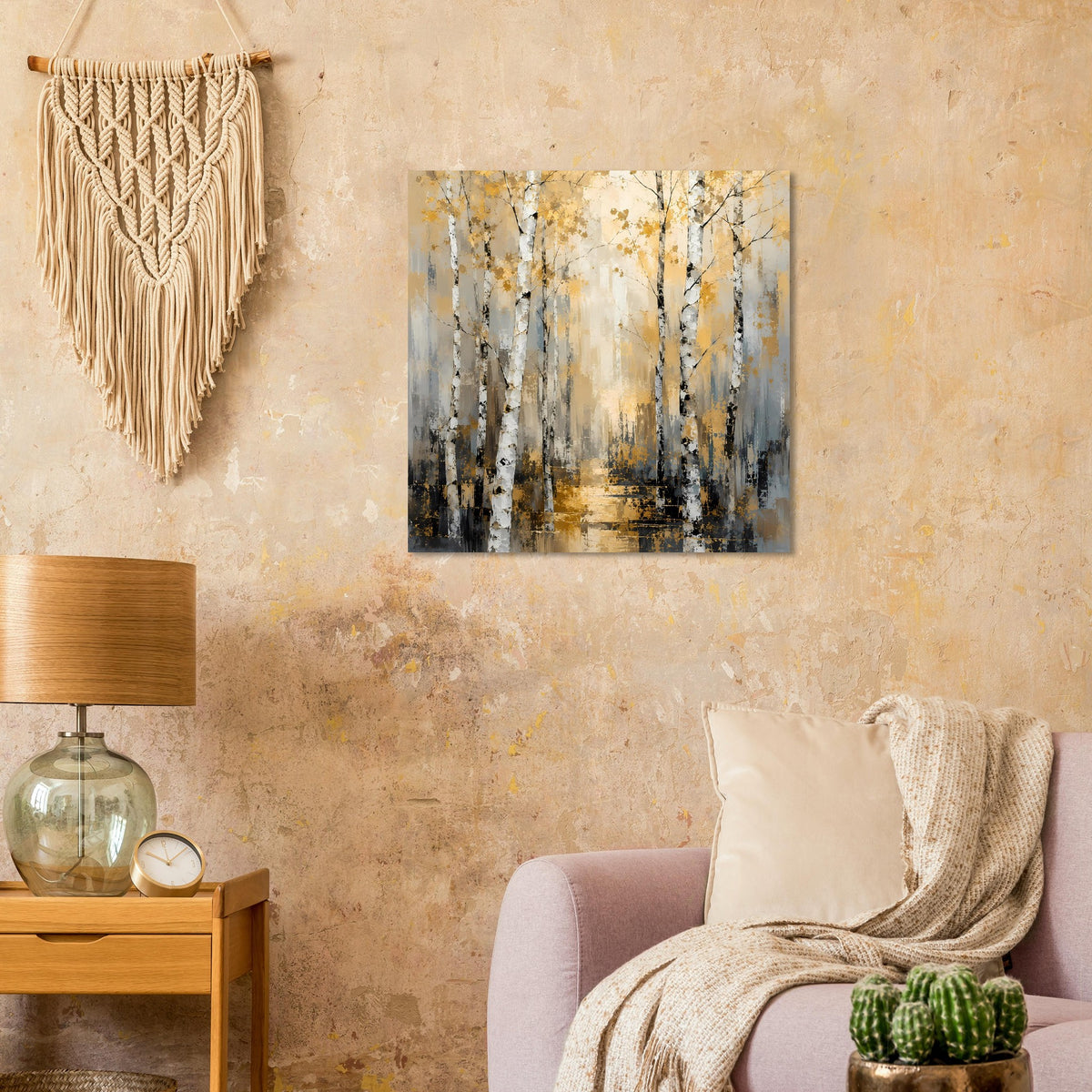 Wandposter Birkenwald, abstrakter Farbverlauf in Gold, Beige und Grau