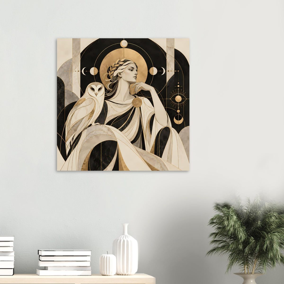 Kleines Kunstposter an der Wand: Frau im Profil mit Eule, goldene Kreissymbole und Linien