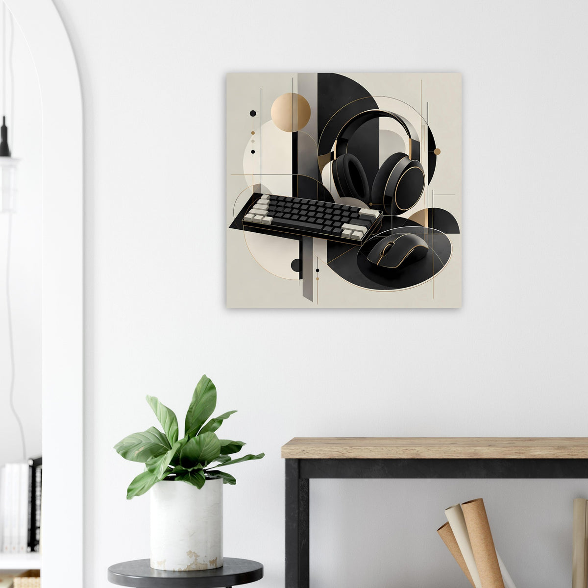 Geometrisches Wandposter mit Kopfhörern und Tastatur, schwarze und goldene Formen auf Creme