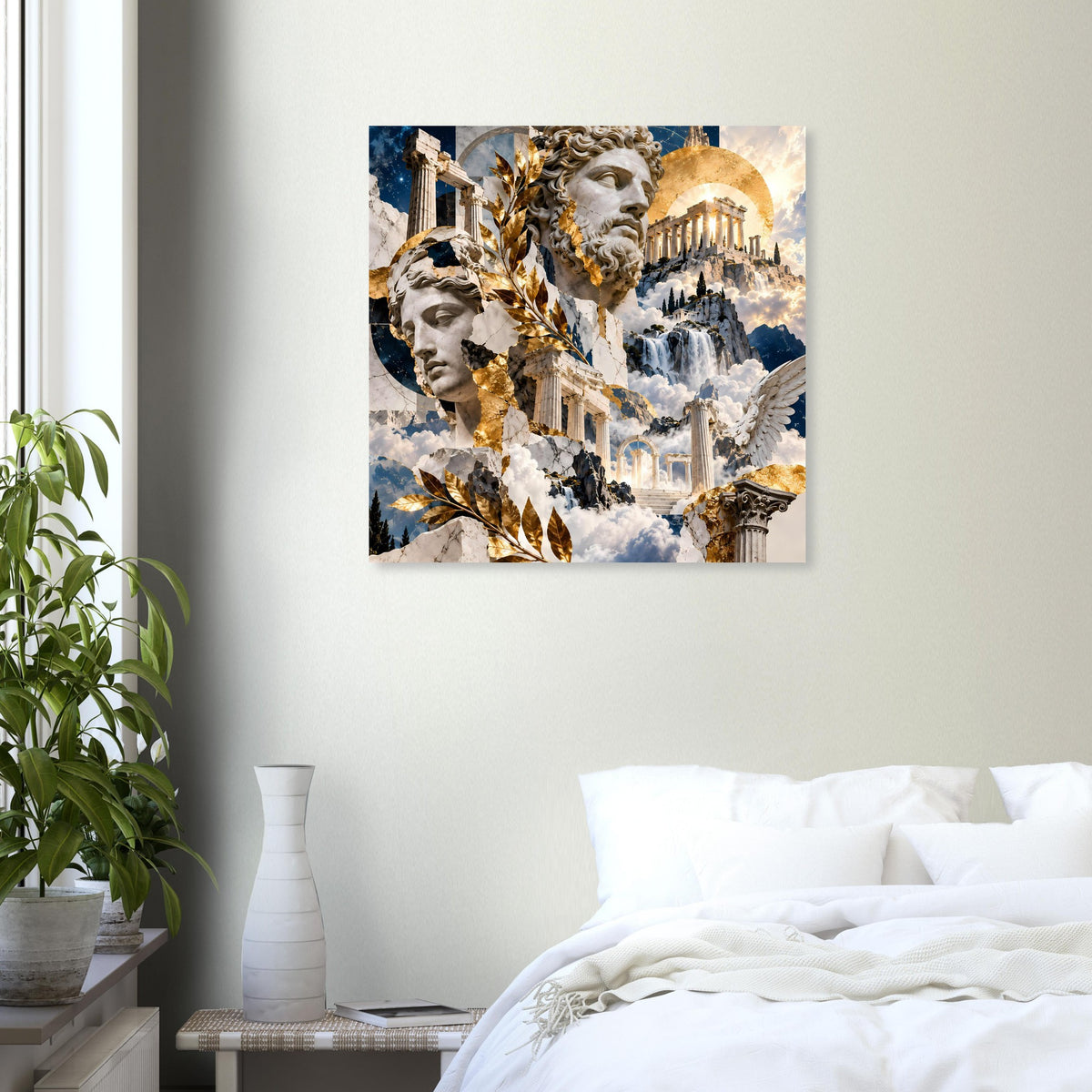 Wandposter, quadratisch: antike Gesichter, goldene Verzierungen, Gebäude und Wolken