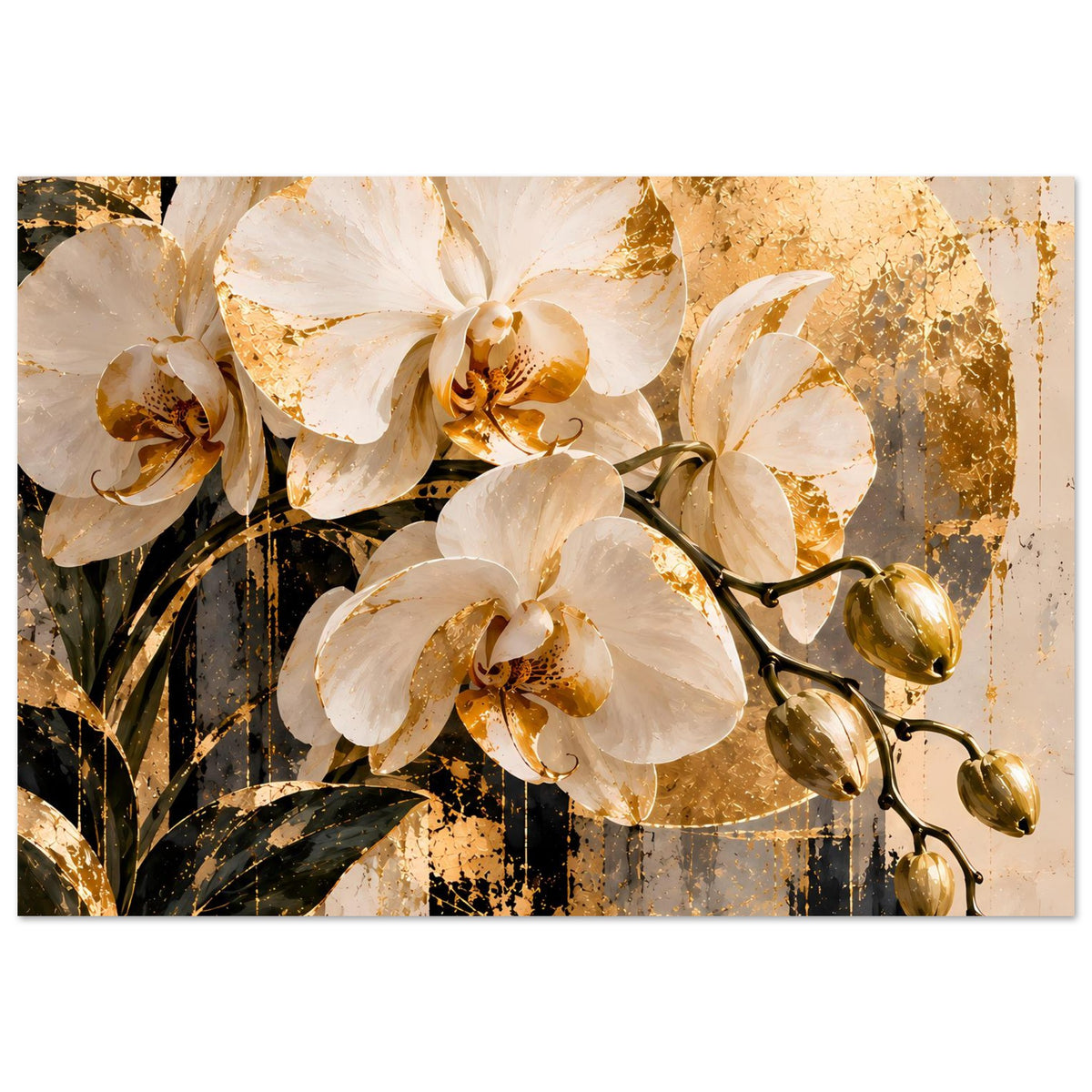Orchideen-Wandposter (horizontal) mit goldenen Spritzern, cremefarbene Blüten im Fokus