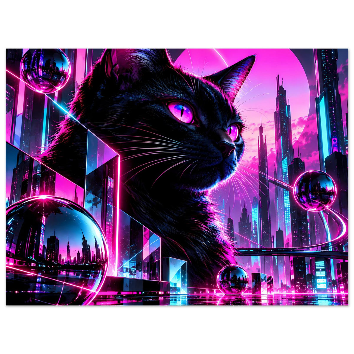 Neon-Katzenposter mit schwarzer Katze, pink-lilanen Leuchtbögen und bedrohlicher Skyline