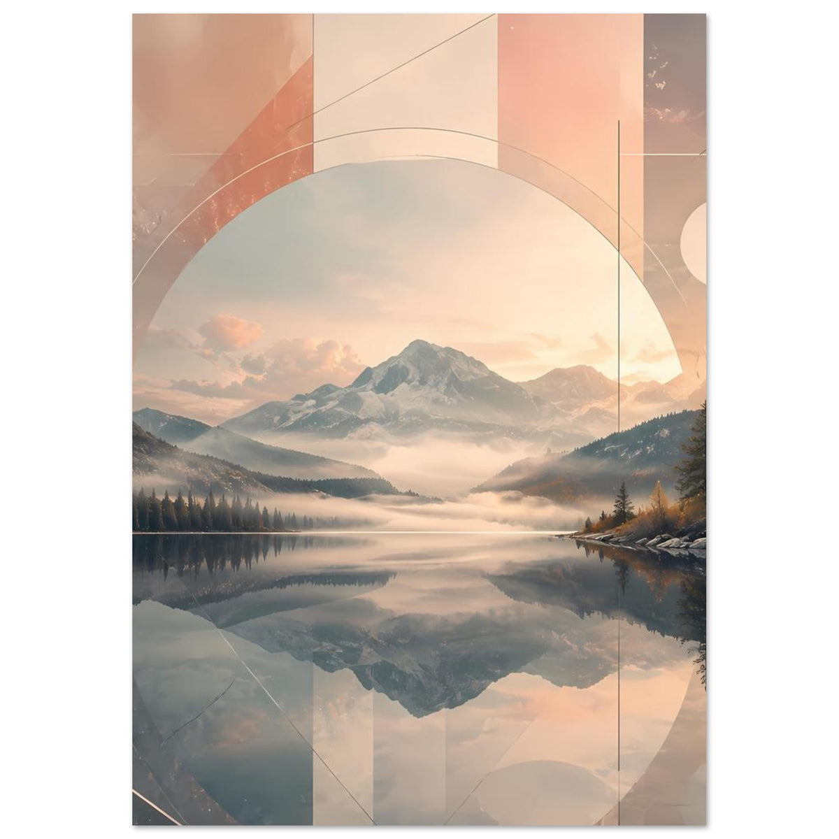 Wandposter im Hochformat: abstrakte Berg- und See-Landschaft mit Kreisform, ruhige Pastellfarben
