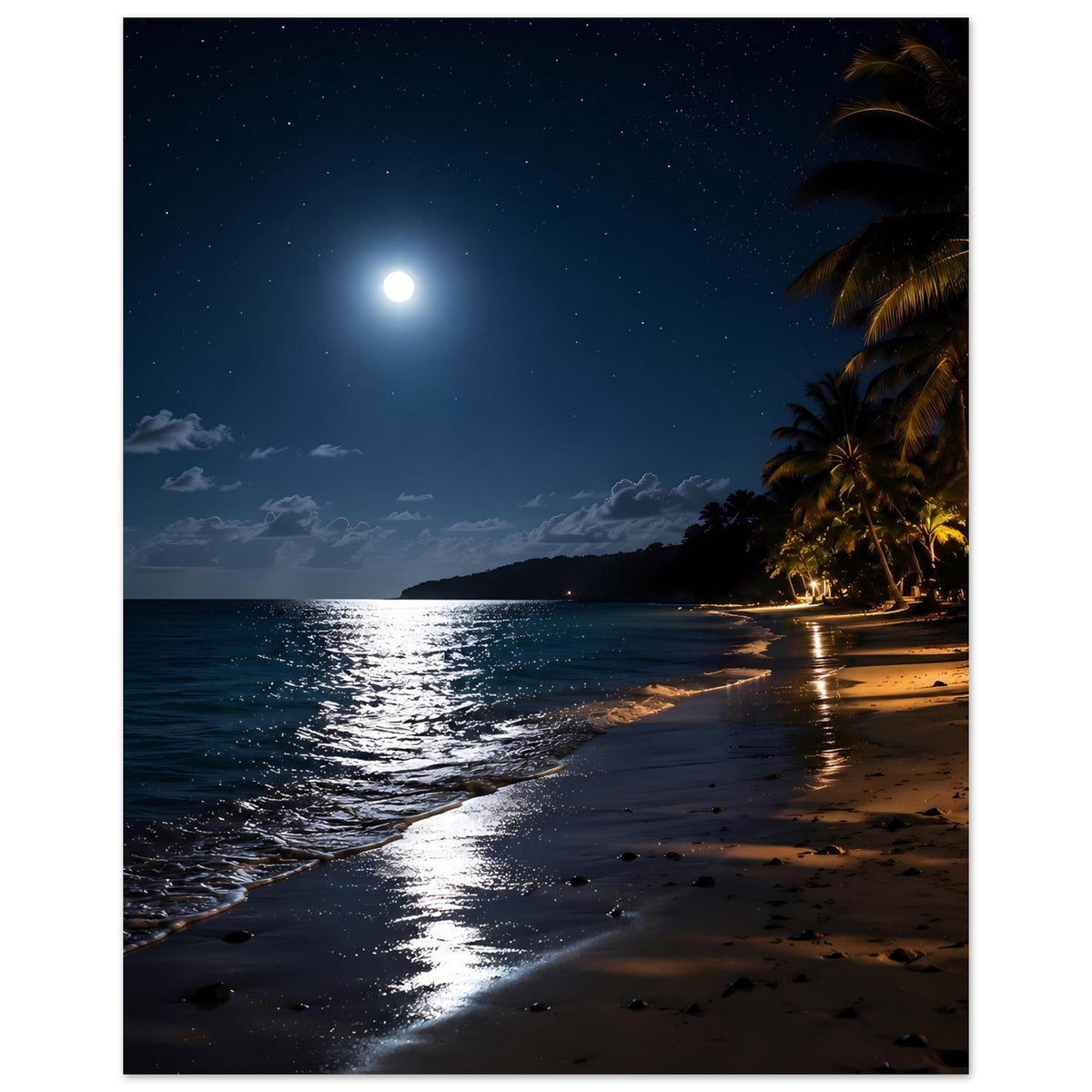 Vertikales Strand-Poster mit hellem Mond, Meerblick und Palmen rechts am Ufer